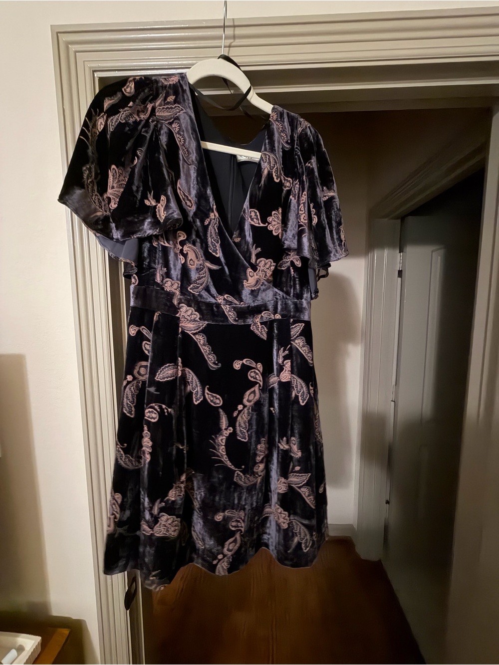 Women's Velvet Paisley Wrap Dress in Dark Purple and Blush